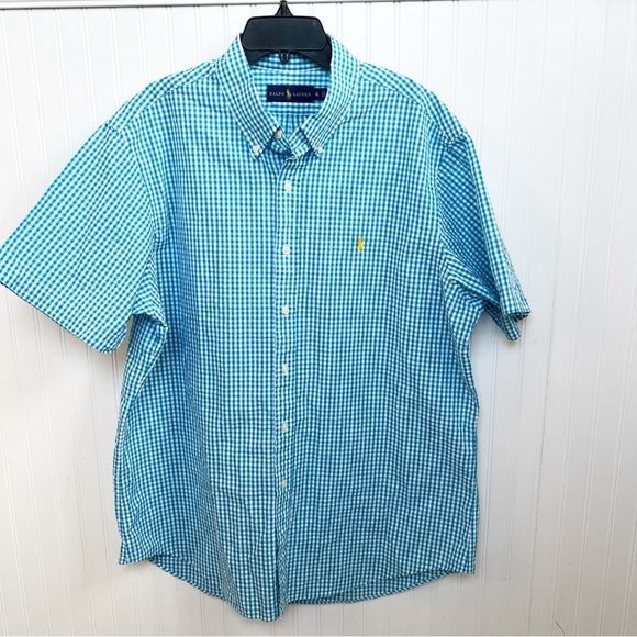 Ralph Lauren Blue Label Turquoise Blue & White Gingham Short Sleeve Button Up XL - Picture 1 of 5